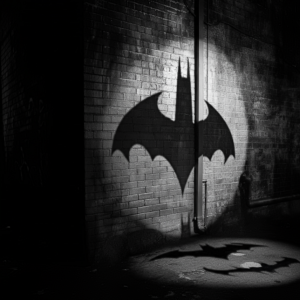 The bat signal against a wall, throwing a shadow